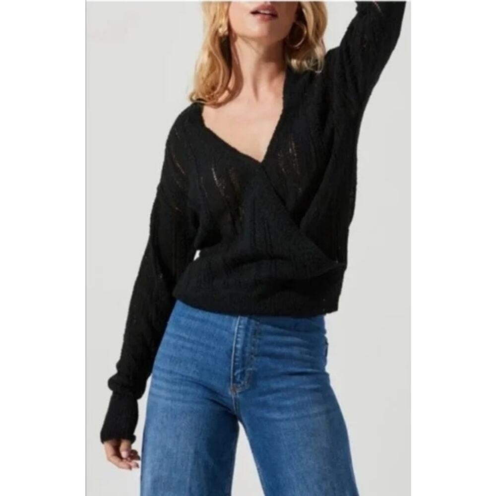 ASTR the Label Women's Wrap Front Pointelle Sweater in Black Size Small NWT